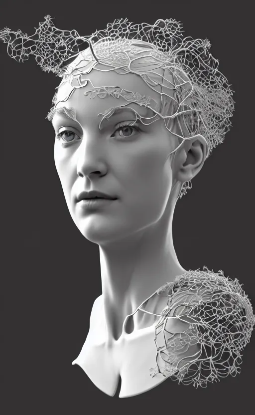 Prompt: complex 3d render ultra detailed of a beautiful porcelain profile woman face, hazel eyes, vegetal dragon cyborg, 150 mm, beautiful natural soft light, rim light, silver white details, roots, fine lace, maze like, mandelbot fractal, magnolia big yellow leaves and stems, anatomical, facial muscles, cable wires, microchip, elegant, white metallic armor, octane render, black and white, H.R. Giger style