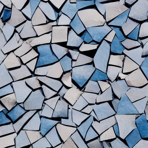 Prompt: aerial photography high contrast angular sharp cool blue slate shards scattered in the pale sand