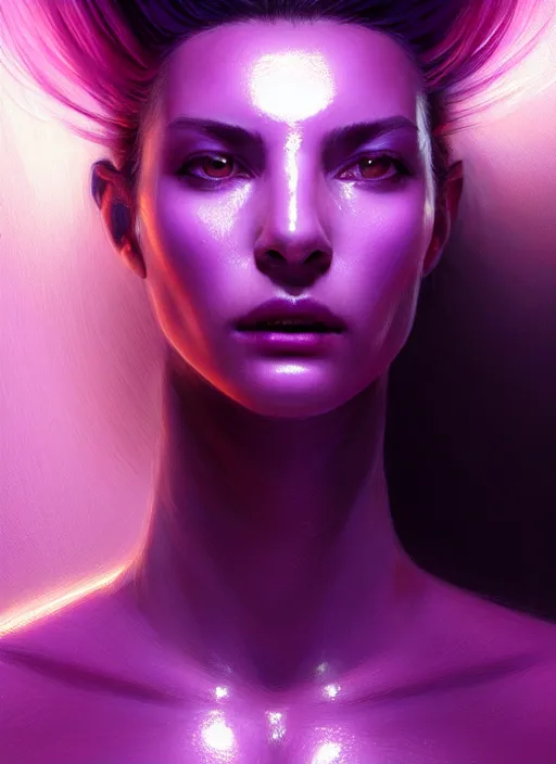 Image similar to top down lighting, extreme close up, stunning portrait of a woman in purple leather future armor with a long black ponytail, purple eyes, glowing with void energy, spaceship hallway, intricate, mood lighting, highly detailed, digital painting, artstation, concept art, smooth, sharp focus, illustration, art by wlop, mars ravelo and greg rutkowski