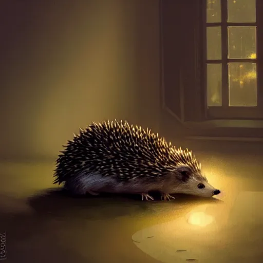 Prompt: photorealistic render of a hedgehog going to bed in the evening, by wlop, artgerm, greg rutkowski, alphonse mucha, beautiful dynamic dramatic dark moody lighting, shadows, cinematic atmosphere, artstation, concept design art, octane render, 8 k