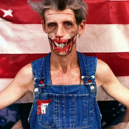 Image similar to far view, extremely skinny malnourished donald trump, wearing dirty overalls, dirty greasy face, grin, portrait, close up, kodak gold 2 0 0, 5 0 mm,