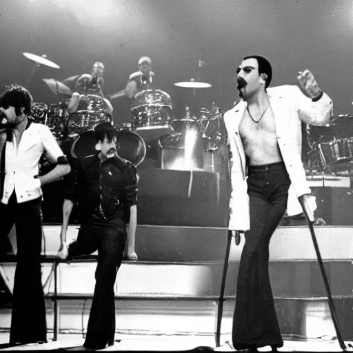 Prompt: freddie mercury and band on stage