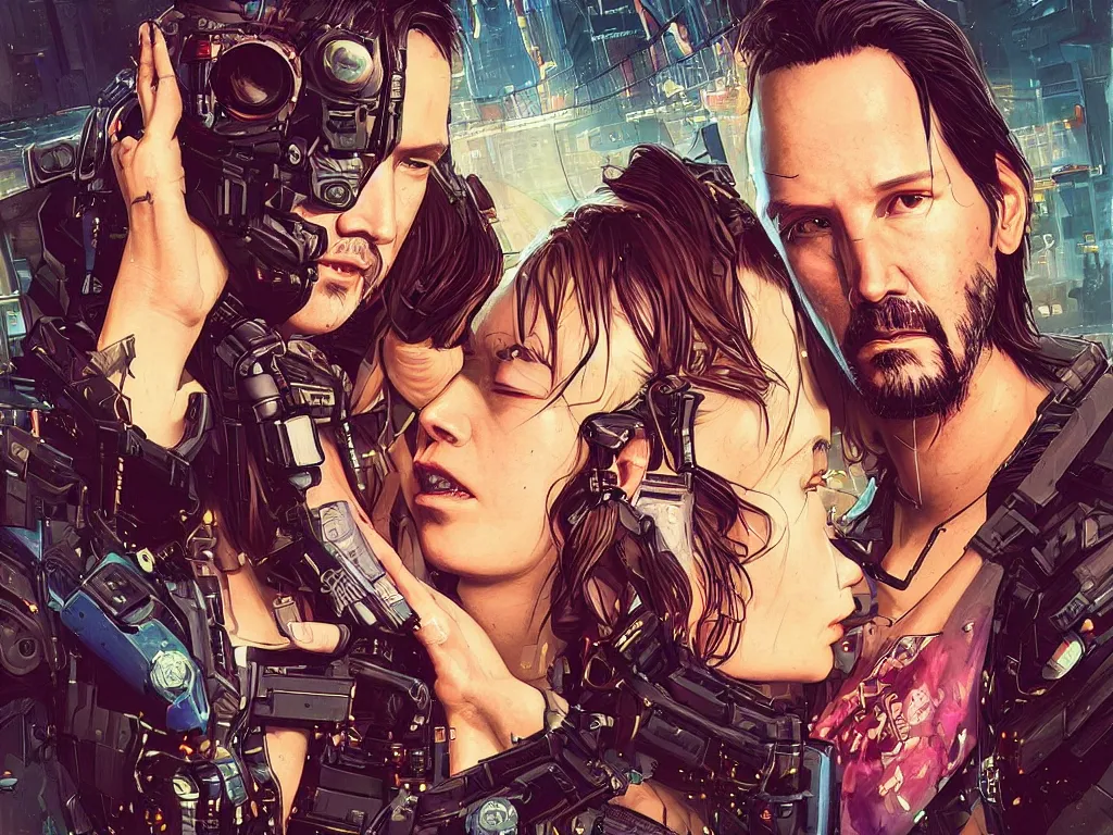 Image similar to a cyberpunk 2077 instagram couple portrait of a Keanu Reeves and a female android final kiss,love,film lighting,by Laurie Greasley,Lawrence Alma-Tadema,Dan Mumford,John Wick,Speed,Replicas,artstation,deviantart,FAN ART,full of color,Digital painting,face enhance,highly detailed,8K,octane,golden ratio,cinematic lighting