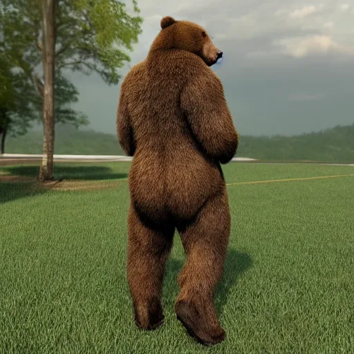 Image similar to big realistic bear standing on two legs, wearing green square backpack at his back, photo realistic, high detail, smooth