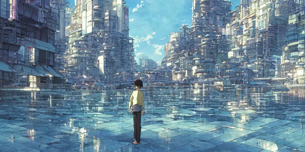 Prompt: water city, art by makoto shinkai and alan bean, yukito kishiro