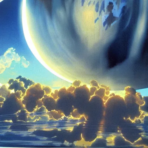 Image similar to Water world planet in the clouds, cinematic angle, cinematic lighting, blue sky, sun in the sky, by Syd Mead, John Harris, Federico Pelat