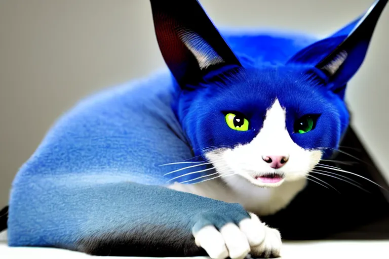 Image similar to a blue - and - black male blue / green heterochromatic catbat fursona with blue / green heterochromatic eyes ( one eye green ) and huge bat ears, photo of the catbat streaming on his computer