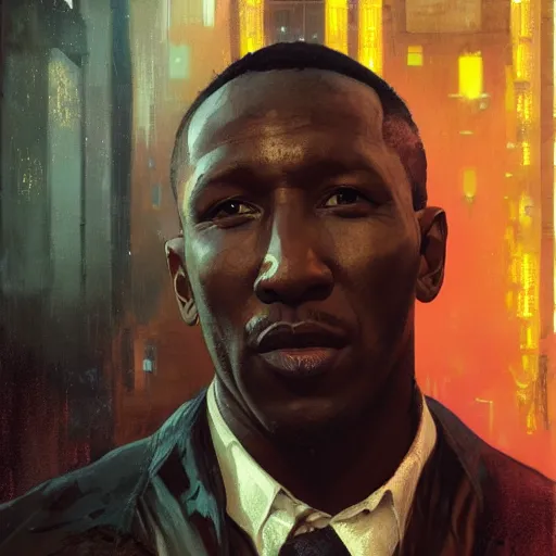 Image similar to mahershala ali, hyperrealistic portrait, bladerunner street, art of elysium by jeremy mann and alphonse mucha, fantasy art, photo realistic, dynamic lighting, artstation, poster, volumetric lighting, very detailed face, 4 k, award winning