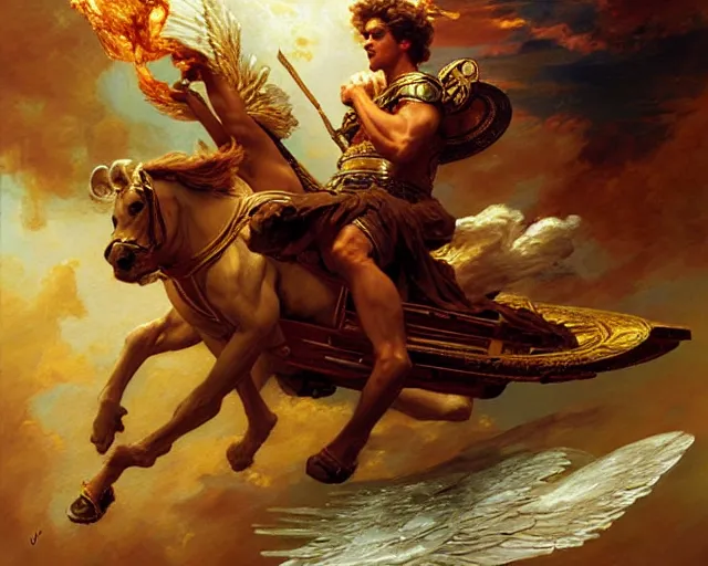 Image similar to attractive apollo greek god, riding his fire chariot. highly detailed painting by gaston bussiere, craig mullins, j. c. leyendecker 8 k