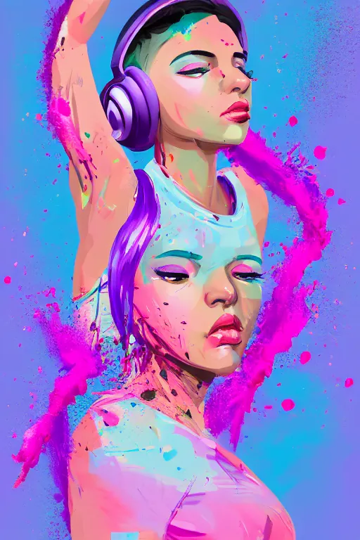 Image similar to a award winning half body portrait of a beautiful woman in a croptop and cargo pants with ombre purple pink teal hairstyle with head in motion and hair flying listenin to music on headphones by wlop, paint splashes and splatter, outrun, vaporware, shaded flat illustration, digital art, trending on artstation, highly detailed, fine detail, intricate