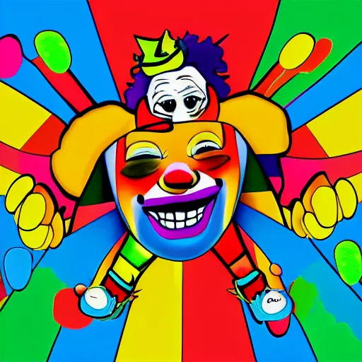 Prompt: A colorful happy joyful clown, crazy, digital art