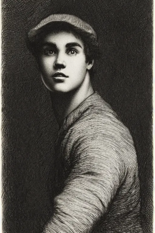 Image similar to portrait of Justin Bieber, Gustave Dore lithography