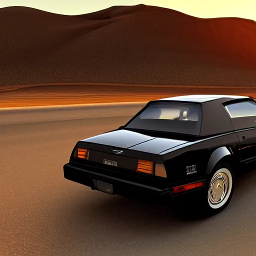 Image similar to a black 1990 Thunderbird super coupe driving on a desert highway viewed from the rear at sunset, photorealistic