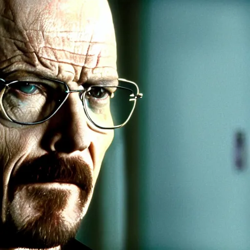 Prompt: close up film of walter white as neo in the matrix film, highly detailed face, highly detailed skin