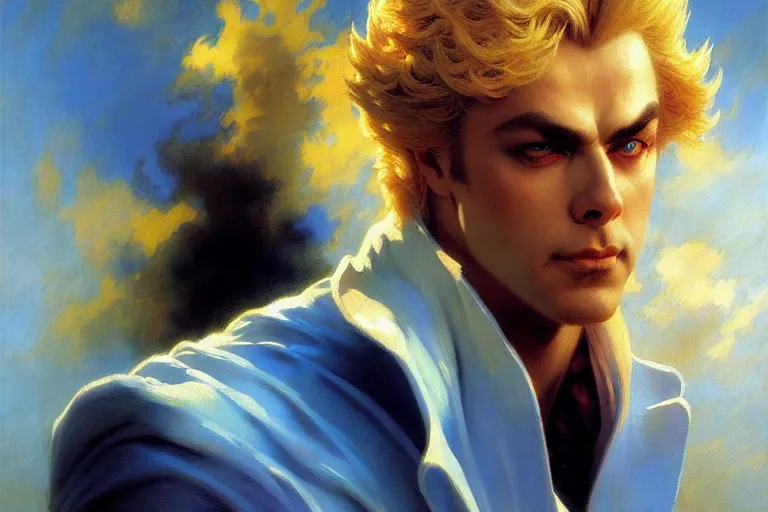 Prompt: portrait dio brando jojo bizarre adventure, vibrant colors and hard shadows and strong rim light, light blue clear sky, cool white color temperature, painting by gaston bussiere, craig mullins, j. c. leyendecker