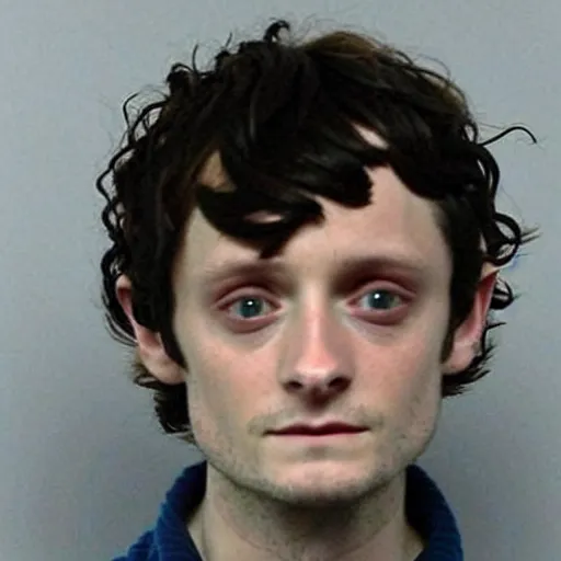 Prompt: Elijah Wood as Frodo Baggins, mugshot photograph