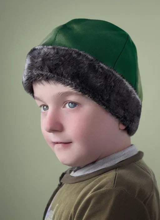 Image similar to portrait photo still of real life young stan marsh wearing a green trapper hat, 8 k, 8 5 mm, f. 1 4