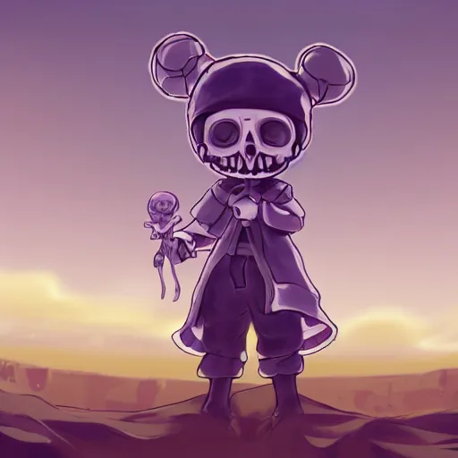 Image similar to cute little boy wearing an skull mask and dressed in an nun outfit in desert, purple color palette, artwork made in made in abyss art style, inspired in ddtank and hirohiko araki, ray tracing, soft details