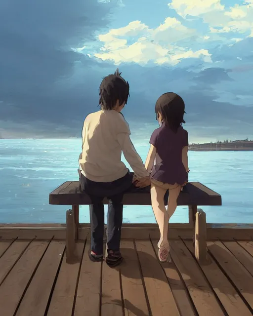 Image similar to a girl and a boy sitting together on a pier overlooking a pond. romantic. atmospheric lighting, 8 k. by makoto shinkai, stanley artgerm lau, wlop, rossdraws, james jean, andrei riabovitchev, marc simonetti, krenz cushart, sakimichan, d & d trending on artstation, digital art.