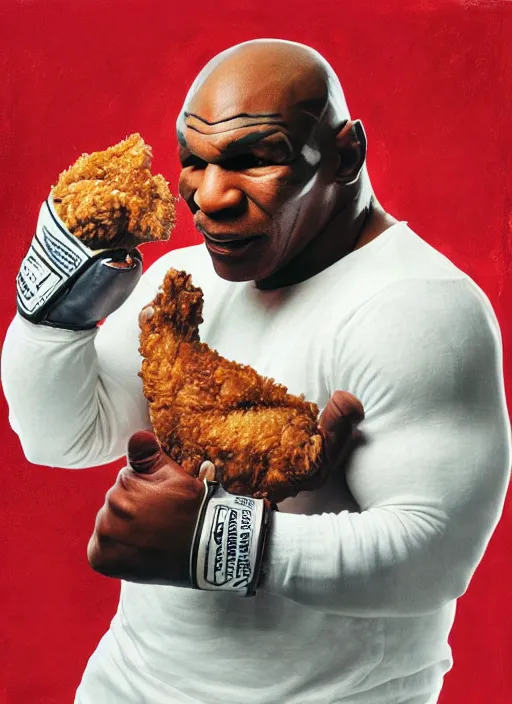 Prompt: a portrait of mike tyson with fried chicken boxing gloves.