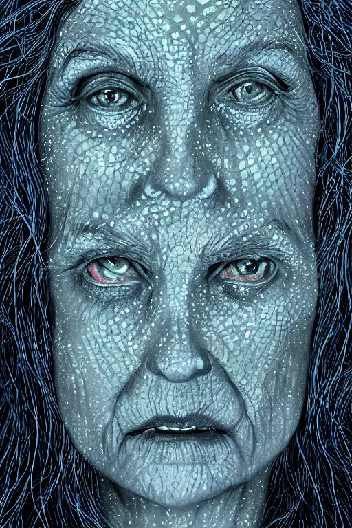 Image similar to dark underwater portrait of one Bioluminescent old woman, with cracked reaction diffusion semi-transparent skin. multicolored fish scales, face closeup. long intricate dark hair. good face proportions. with many jellyfishes. very high detail, illustration, by alex grey and Ilya Kuvshinov