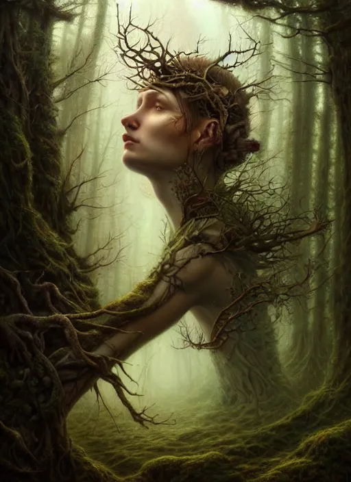 Image similar to portrait shot spirit of the forrest in a scenic dystopian environment, intricate, elegant, highly detailed, centered, digital painting, artstation, concept art, smooth, sharp focus, illustration, artgerm, tomasz alen kopera, peter mohrbacher, donato giancola, joseph christian leyendecker, wlop, boris vallejo