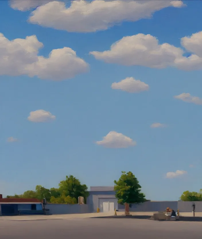 Prompt: baby blue sky with aesthetic clouds, in the style of edward hopper, very fine brushstrokes, 4 k,