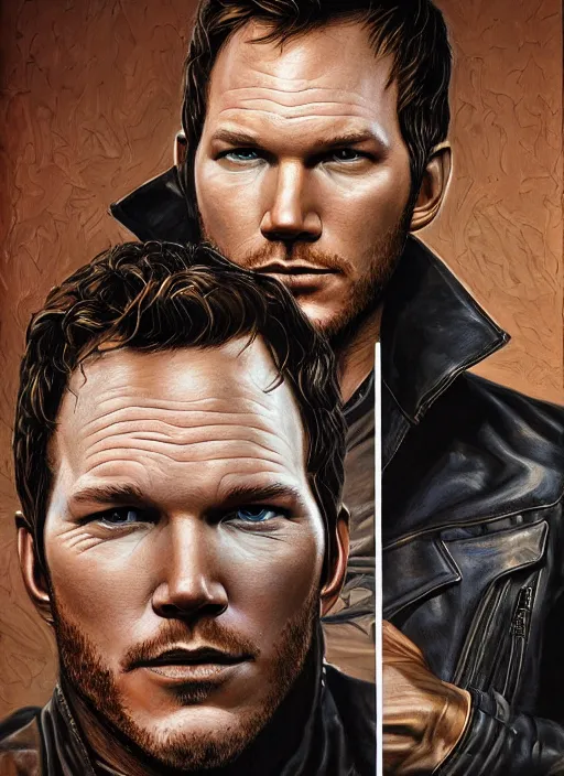 Image similar to portrait of chris pratt, very serious, gritty, dark, wearing a black leather jacket, hyperrealistic, very detailed painting by Glenn Fabry, by Joao Ruas, by Artgerm