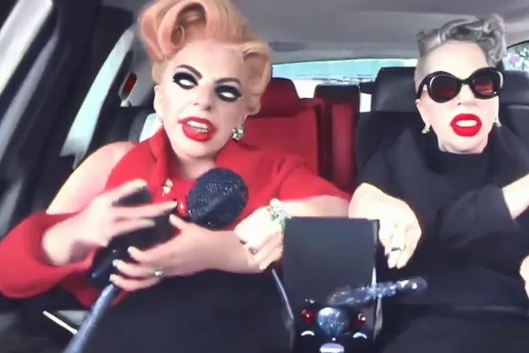 Image similar to lady gaga and judy garland doing carpool karaoke, lady gaga and judy garland, carpool karaoke, lady gaga, judy garland, carpool karaoke, youtube video screenshot, the late late show with james cordon