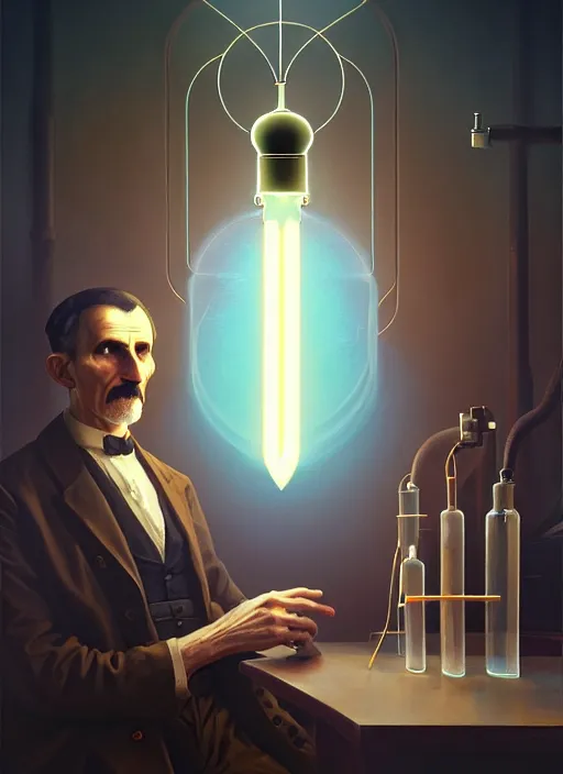 Prompt: centered painted portrait, nikola tesla in a laboratory, darker shades, gloomhaven, matte painting concept art, art nouveau, beautifully backlit, swirly vibrant color lines, muted and dull colors, aesthetic octane render, 8 k hd resolution, by ilya kuvshinov and cushart krentz and gilleard james