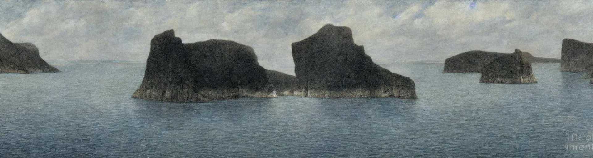 Prompt: black cliffs over water by Fernand Khnopff, matte painting