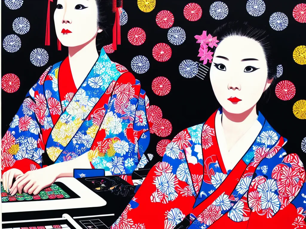 Image similar to hyperrealistic composition of the detailed woman in a japanese kimono sitting at a extremely detailed poker table with detailed darth vader, fireworks, mount fuji on the background, pop - art style, jacky tsai style, andy warhol style, acrylic on canvas