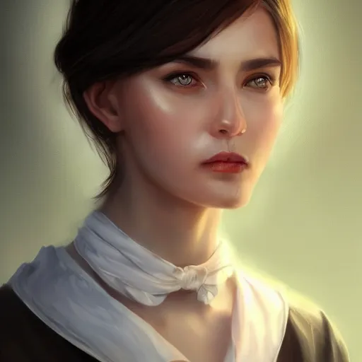 Image similar to epic portrait an woman wearing a white blouse with short sleeves and a black tie, beauty, pretty face, glossy skin, brown tied hair, digital painting, artstation, concept art, soft light, hdri, smooth, sharp focus, illustration, fantasy, intricate, elegant, highly detailed, D&D, matte painting, in the style of Greg Rutkowski and Alphonse Mucha and artemisia, 8k, highly detailed, jurgens, rutkowski, bouguereau, pastoral, rustic, georgic, detailed concept art, illustration, colorful pastel, painting, detail, ultra detailed, digital art, 4K,