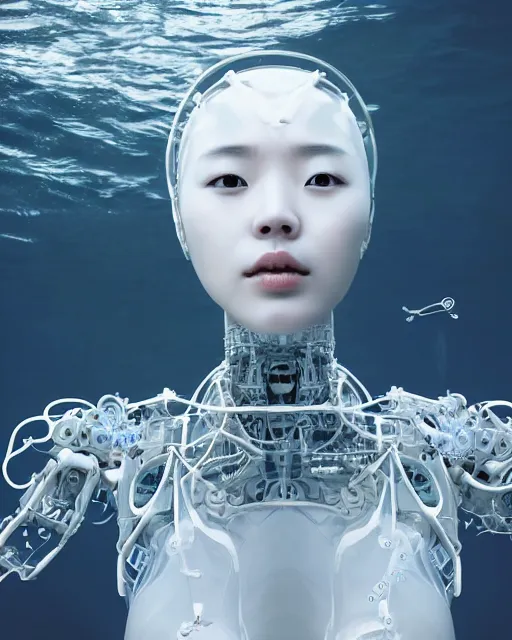 Image similar to beautiful centered fine art photo portrait of hoyeon jung as a solarpunk robotic humanoid, half body above water, white mechanical parts with led lights, ultra - realistic and detailed, white background, natural lighting, soft focus, slow exposure hdr 8 k