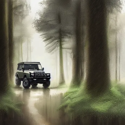 Image similar to a landrover crossing a forest path while its raining, digital art, artstation, photgraphy, highly detailed, digital painting, artstation, concept art, sharp focus, illustration, art by greg rutkowski and artgerm