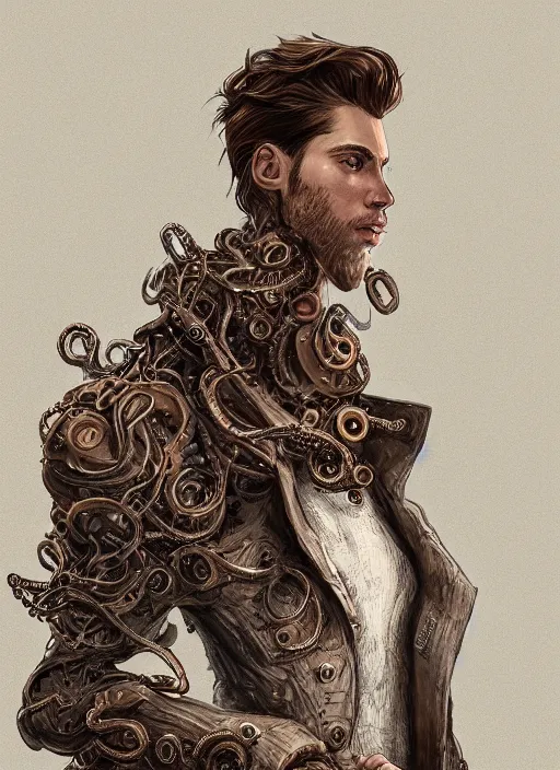 Image similar to a highly detailed illustration of wavy brown haired young white guy wearing brown coat and face mask with many mechanical tentacle arms on his back, dramatic hands in pocket standing pose, intricate, elegant, highly detailed, centered, digital painting, artstation, concept art, smooth, sharp focus, league of legends concept art, WLOP