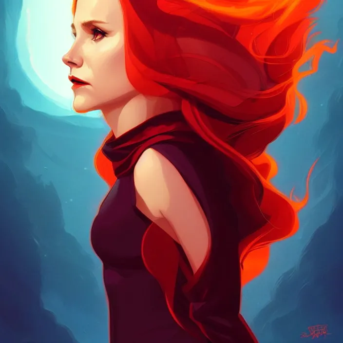 Image similar to style artgerm, joshua middleton, beautiful kristen bell with dark red dress, very long orange hair, symmetrical face, symmetrical eyes, fire powers fire swirling, detailed, volcano setting, cinematic lighting