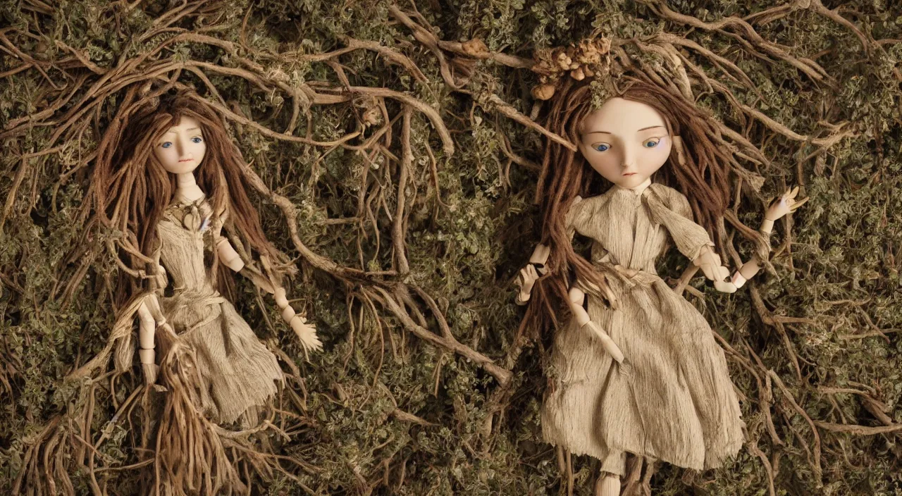 Prompt: a cinematic portrait of a beautiful female jointed handmade wooden art doll, made of wood, dreadlocks with twigs and branches, reaching out to each other, oak trees, oak leaves, acorns, dendritic, by fernand khnopff, 8 k, rendered in octane, 3 d, volumetric lighting, detailed