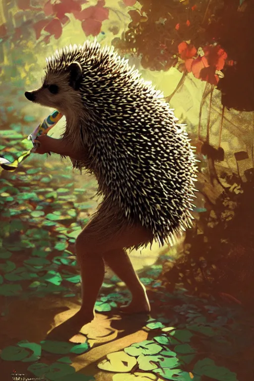 Prompt: A hedgehog playing tennis. colorlpunk art and illustration by tian zi and craig mullins and WLOP and alphonse mucha, fantasy, intricate complexity, hyperrealism 8k