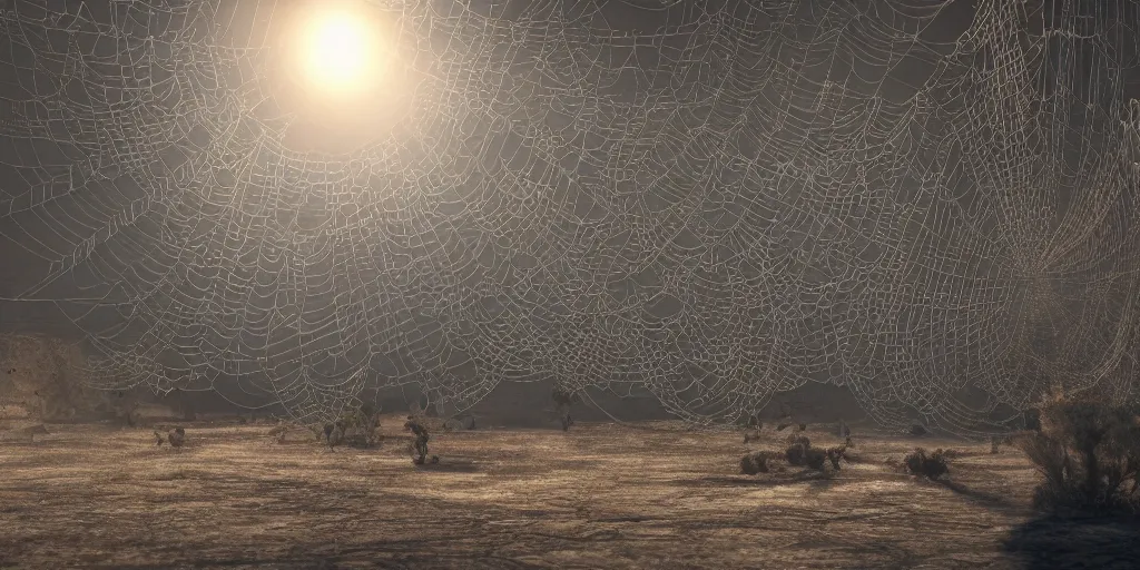 Image similar to A George Miller film shot, an ornate real characters made out of intricate metallic filament webs with cutaways to see into the Endocrine system built out of dust and light, floating in the desert night, photo-realism, very detailed feel, rendered in Octane, tiny points of light, caustic, 4k, beautiful lighting, backlit