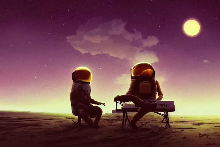 Prompt: astronaut sitting at the beach of an alien planet watching the sunset, surreal photography, dark night, stars, moon light, impressionist painting, clouds, digital painting, artstation, simon stalenhag