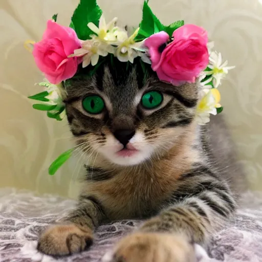 Image similar to a cute kitten with a flower crown