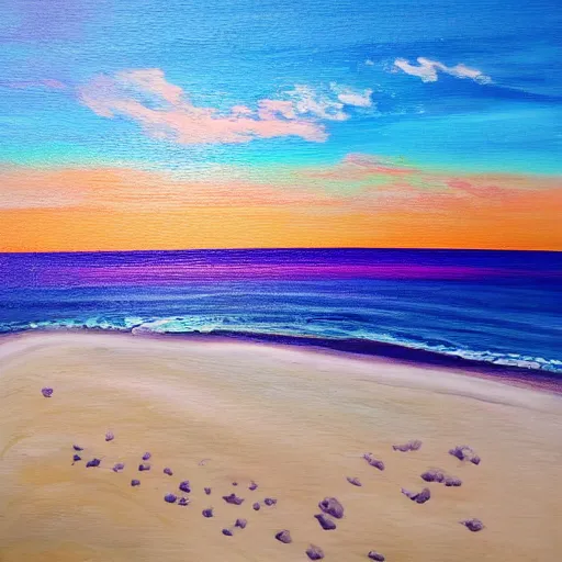 Image similar to Top down acrylic painting of an orange beach and purple ocean