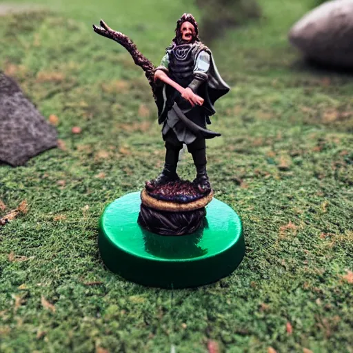 Prompt: dnd miniature of a wizard standing on a grassy plinth with a model tree in the background, depth of field, dslr, 8k, hand painted