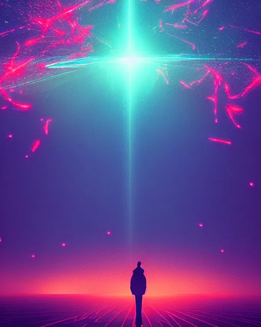 Prompt: Minimalist simulated digital world, sparks of light, scifi, global illumination, unique landscape, fine details, perfect, 8k high detail, masterpiece, trending on ArtStation, by Alena Aenami, Petros Afshar, Liam Wong