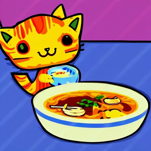 Image similar to Cute kawaii cat eating a bowl of ramen in The Legend of Zelda Breath of the Wild, toon shading, npr