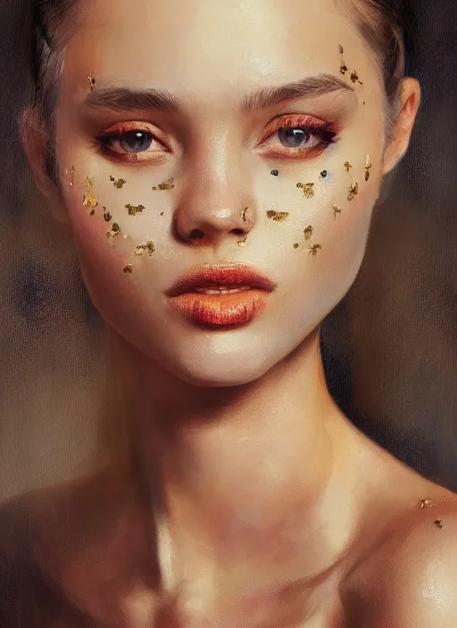 Prompt: girl portrait painting by WLOP, Andrei Riabovitchev, gold skin, transparent dress, highly detailed, harper's bazaar, vogue, magazine, concept art, ornate, luxury, elite, elegant, trending on artstation ,