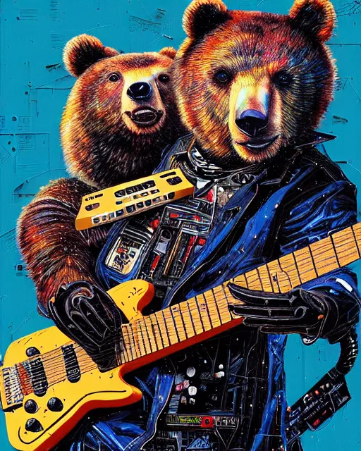 Image similar to a portrait of an anthropomorphic cyberpunk bear shredding an electric guitar by sandra chevrier, by jon foster, detailed render, tape deck, epic composition, cybernetics, 4 k realistic, cryengine, realistic shaded lighting, sharp focus, masterpiece, by enki bilal