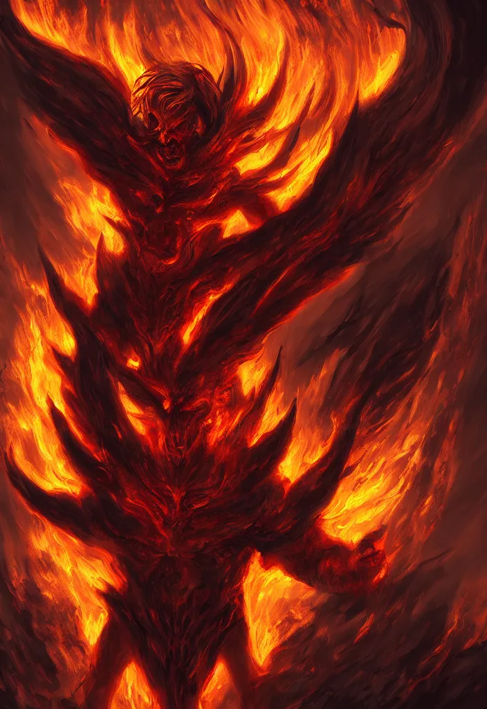 Prompt: fiery god as a demon in a fiery hell, eerie, dark, magical, fantasy, trending on artstation, digital art.