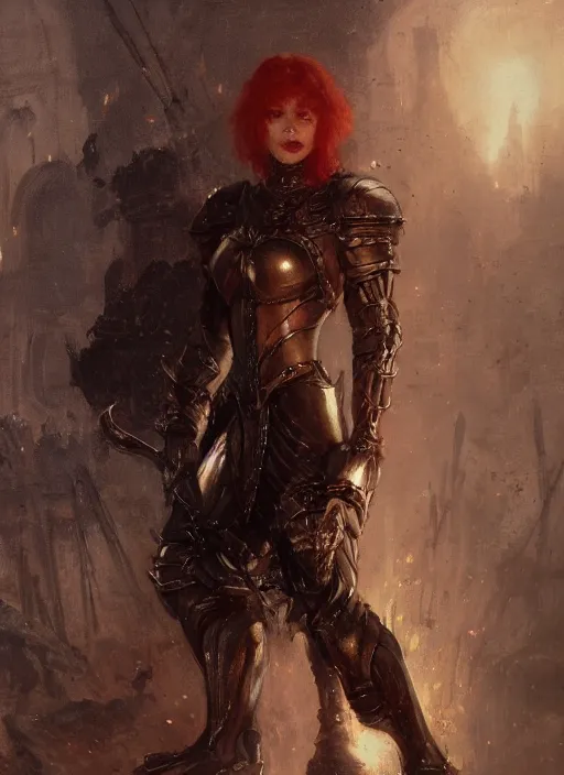 Image similar to red short haired muscular woman wearing basic black medieval armour, detailed by gaston bussiere, bayard wu, greg rutkowski, giger, maxim verehin, greg rutkowski, masterpiece, sharp focus, cinematic lightning